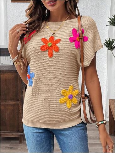 Milumia Women's Color Block Flower Short Sleeve Sweater Plullover Knit Tops in Saudi Arabia