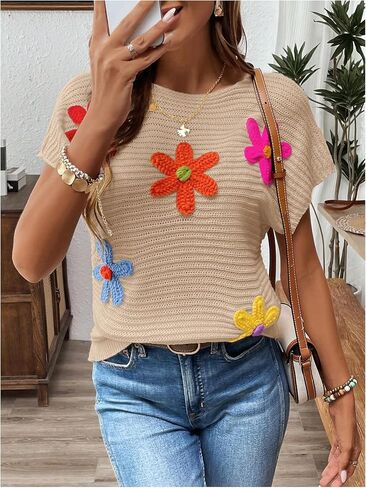 Milumia Women's Color Block Flower Short Sleeve Sweater Plullover Knit Tops in Saudi Arabia