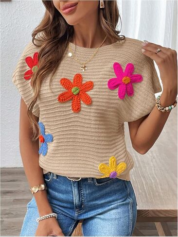 Milumia Women's Color Block Flower Short Sleeve Sweater Plullover Knit Tops in Saudi Arabia