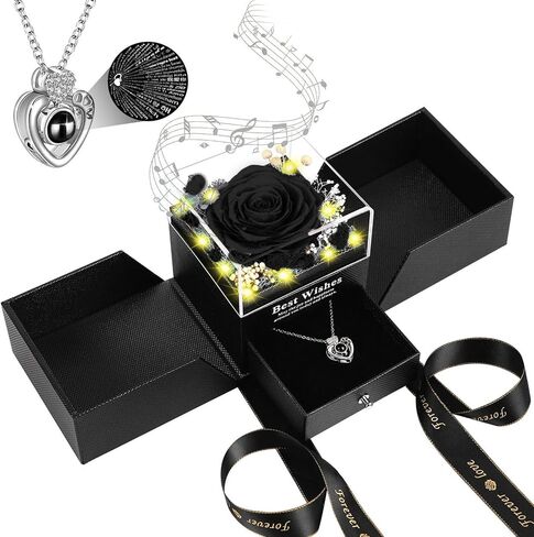 Preserved Real Rose Gift Box with Necklace, Eternal Flowers Rose Birthday Gifts Music Box for Her Mom Wife Grandma Girlfriend on Valentines Mothers Day Christmas Anniversary (Red) in Kuwait