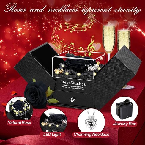 Preserved Real Rose Gift Box with Necklace, Eternal Flowers Rose Birthday Gifts Music Box for Her Mom Wife Grandma Girlfriend on Valentines Mothers Day Christmas Anniversary (Red) in Kuwait