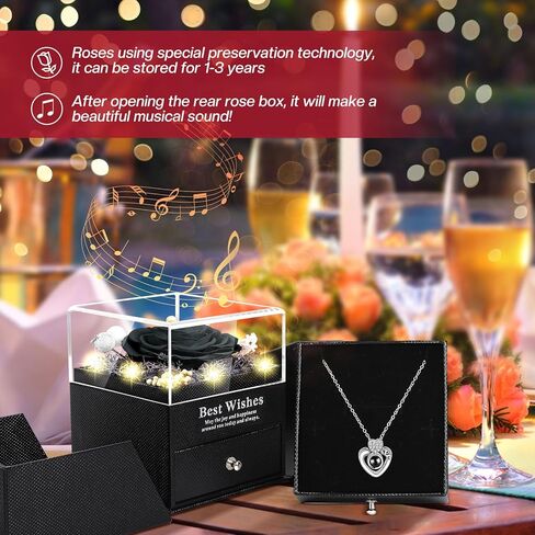 Preserved Real Rose Gift Box with Necklace, Eternal Flowers Rose Birthday Gifts Music Box for Her Mom Wife Grandma Girlfriend on Valentines Mothers Day Christmas Anniversary (Red) in Kuwait