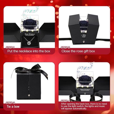 Preserved Real Rose Gift Box with Necklace, Eternal Flowers Rose Birthday Gifts Music Box for Her Mom Wife Grandma Girlfriend on Valentines Mothers Day Christmas Anniversary (Red) in Kuwait