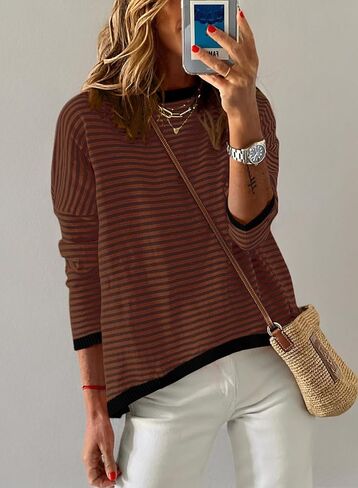 PRETTYGARDEN Womens Fall Striped Sweaters Long Sleeve Crewneck Color Block Lightweight Knit Pullover Tops 2024 Trendy Outfits in Saudi Arabia