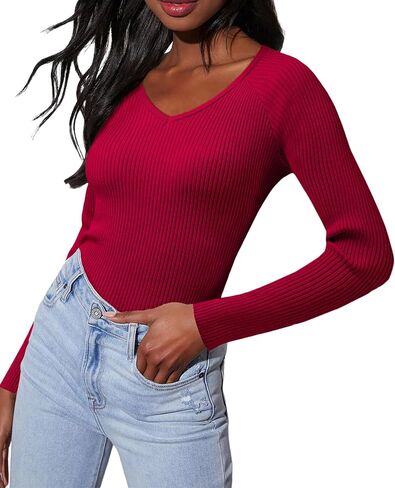 Women's 2024 V Neck Sweaters Fashion Fitted Long Sleeve Ribbed Knitted Pullover Trendy Business Work Tops in Saudi Arabia