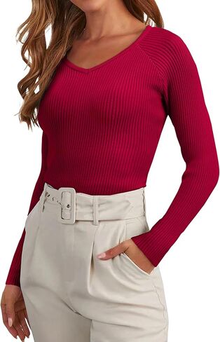 Women's 2024 V Neck Sweaters Fashion Fitted Long Sleeve Ribbed Knitted Pullover Trendy Business Work Tops in Saudi Arabia