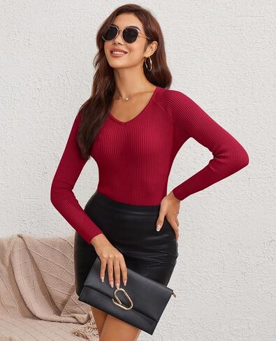 Women's 2024 V Neck Sweaters Fashion Fitted Long Sleeve Ribbed Knitted Pullover Trendy Business Work Tops in Saudi Arabia