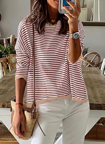 PRETTYGARDEN Womens Fall Striped Sweaters Long Sleeve Crewneck Color Block Lightweight Knit Pullover Tops 2024 Trendy Outfits in Saudi Arabia