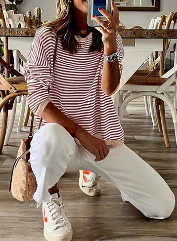 PRETTYGARDEN Womens Fall Striped Sweaters Long Sleeve Crewneck Color Block Lightweight Knit Pullover Tops 2024 Trendy Outfits in Saudi Arabia