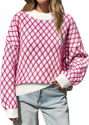 Saodimallsu Womens Checkered Argyle Sweater Mock Neck Oversized Puff Sleeve Knit Drop Shoulder Pullover Tops in Saudi Arabia
