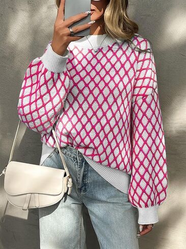 Saodimallsu Womens Checkered Argyle Sweater Mock Neck Oversized Puff Sleeve Knit Drop Shoulder Pullover Tops in Saudi Arabia