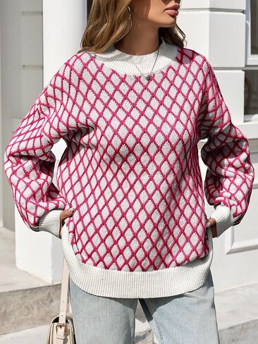 Saodimallsu Womens Checkered Argyle Sweater Mock Neck Oversized Puff Sleeve Knit Drop Shoulder Pullover Tops in Saudi Arabia