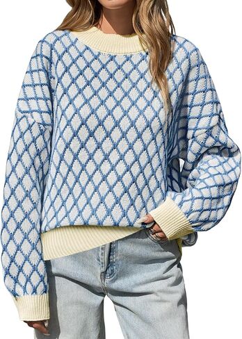 Saodimallsu Womens Checkered Argyle Sweater Mock Neck Oversized Puff Sleeve Knit Drop Shoulder Pullover Tops in Saudi Arabia