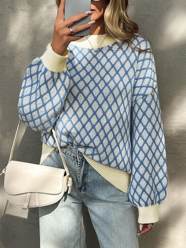 Saodimallsu Womens Checkered Argyle Sweater Mock Neck Oversized Puff Sleeve Knit Drop Shoulder Pullover Tops in Saudi Arabia