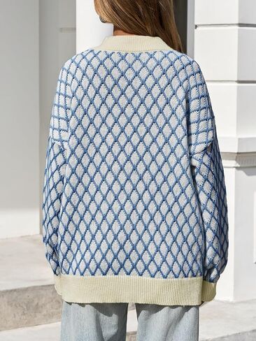 Saodimallsu Womens Checkered Argyle Sweater Mock Neck Oversized Puff Sleeve Knit Drop Shoulder Pullover Tops in Saudi Arabia