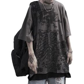 Men Women Y2K Gothic Skeleton T-Shirt Grunge Dark Academia Emo Tees Japanese Alt Harajuku Oversize Punk Skull Clothes