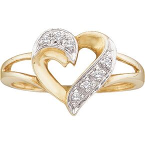 Solid 10k White and Yellow Two Toned Gold Round White Diamond Engagement Ring OR Fashion Band Prong Set Heart Shaped Ring (.05 cttw)
