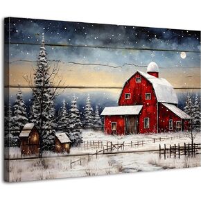 Red Barn Wall Art Christmas Pictures Snowy Winter Scene Wall Art Rustic Farmhouse Xmas Home Decoration Vintage Country Landscape Trees Canvas Poster Painting Holiday Artwork for Living Room 12"x16"