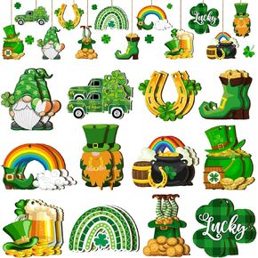 24 Pieces St. Patrick's Day Decorations Vintage Ornaments for Tree Shamrocks Wooden Hanging Ornaments Vintage Irish Embellishments with Ropes for St Patrick's Day Tree Table Decor (Shamrock Style)