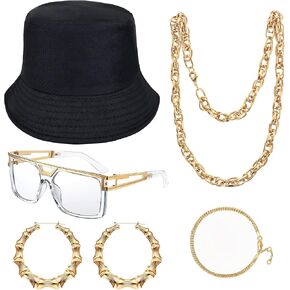 80s 90s Accessories Outfit, Hip Hop Costume Kit Rapper Accessories Bucket Hat Bamboo Earrings Sunglasses for Women Men