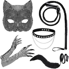 5 Pcs Halloween Cat Costume for Woman Rhinestone Cat Mask Tail Cat Collar Choker Paw Gloves Black Leather Whip Woman Outfit Accessories Cat Costume for Fancy Dress Party Prop