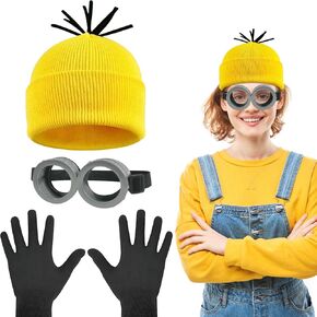 3Pcs Halloween Costume Accessories Yellow Beanie Wig Hats Steampunk Goggles Glasses Gloves Adult Cosplay Party Set
