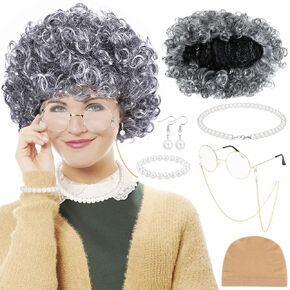 Old Lady Costume Set, Old Lady Wig Set Granny Wig with Wig Cap, Old Lady Glasses, Chain, Pearl Necklace, Earrings, Bracelet Grandmother Dress Up Accessories for Dress Up Party Halloween Cosplay