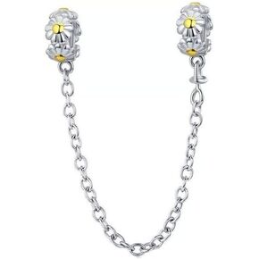 Sparkling Flower Clasp Safety Chain Charm 925 Sterling Silver Flowers Safety chain Fit Pandora Style Bracelet (Yellow)