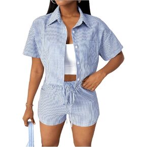 Women's 2 Piece Sets Summer Striped Short Sleeve Button Down Crop Shirts and Drawstring Shorts 2 Piece Outfits