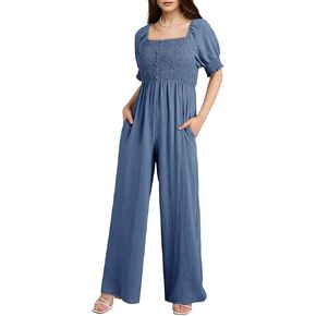 Dokotoo Jumpsuits for Women 2025 Summer Lantern Sleeves Rompers Wide Leg Casual Overalls with Pockets