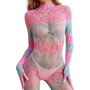 Colored Leopard Fishnet Bodysuit Sexy Rave Outfits for Women,Pink and Blue Lace Mesh One-Piece Jumpsuit,One Size