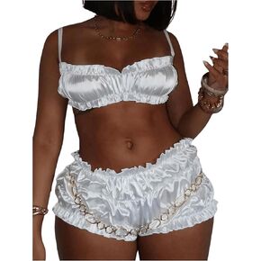 SweatyRocks Women's 2 Piece Outfits Ruched Crop Cami Top and Ruffle Shorts Set Streetwear