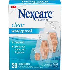 Nexcare Waterproof Bandages, Stays on in the Pool, Holds for 12 Hours, Clear Bandages for Fingers and Elbows - 20 Pack Waterproof Bandages