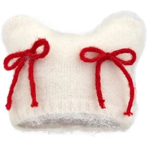 Women Fluffy Knit Beanie Hats Cute Bow Knot Cat Ear Hat Y2k Aesthetic Accessories Kawaii Stuff