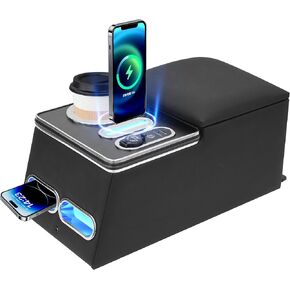Universal Bench Seat Center Console with Inductive Charging Truck Console with Cup Holder and Phone Holder for Center Console Armrest Organizer, Used for Car, Truck, Center Console for Truck