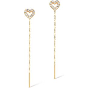 GELIN 14k Solid Gold Heart Drop Chain Threader Earrings for Women