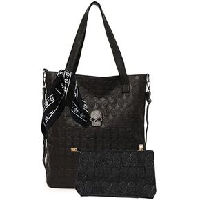 Women Skull Tote Bag Revit Studded Handbag Pu Leather Purse and Wallet Scarf 3Pcs Set