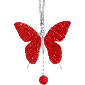 Butterfly Car Hanging Ornament, Cute Car Mirror Charm Rhinestone Car Mirror Hanging Accessories Car Rear View Mirror Decor for Women Men (Red)