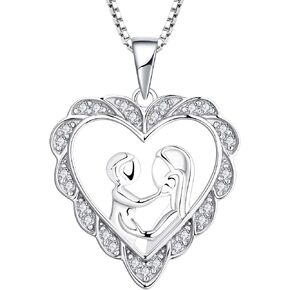 JO WISDOM Women Heart Mum Necklace,925 Sterling Silver Mother Daughter Love Heart AAA Cubic Zirconia Pendant Necklace,Gift for Mum