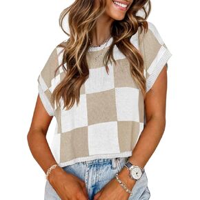 Womens Tops Crop Sweaters Vest Tank Color Block Cap Sleeve Crew Neck Going Out Loose Flowy Trendy Tops for Women