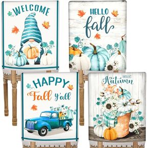 Blulu 4 Pieces Fall Chair Back Covers Pumpkin Gnome Truck Harvest Dining Chair Covers Hello Autumn Seat Covers Removable Thanksgiving Chair Slipcovers Set for Home Office Kitchen Farmhouse Decorations