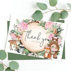 50 Packs Woodland Thank You Cards Woodland Animal Watercolor Greeting Cards Boxed with Envelopes and Stickers Forest Creature Blank Note Cards for Baby Shower Birthday Party