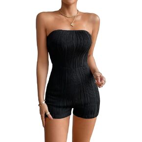 WDIRARA Women's Textured Strapless Sleeveless Tube Romper High Waist Skinny Short Jumpsuit