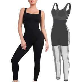 Popilush Jumpsuits for Women Built In Shapewear Tummy Control Bodysuit Body Shaper Square Neck Sports Romper