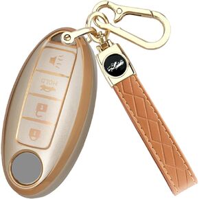 Key Fob Cover for Nissan with Key Chain, 5 Button Soft TPU Key Fob Case Protection Shell for Nissan Infiniti Altima Maxima Rogue Armada Pathfinder, Gold
