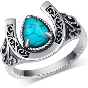 Genuine Turquoise Ring 925 Sterling Silver Horseshoe Ring Vintage Western Nature Gemstone Turquoise Jewelry for Women
