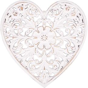 Wooden Wall Decor, Floral Hollow Carved Wall Panel Hanging Decor Rustic Wall Art Sculpture Decorative Carved Floral-Patterned Distressed White MDF Wall Panel for Hallway Bedroom Cafe Office (Heart)