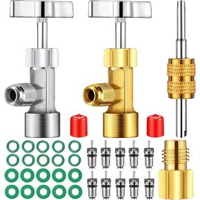 R134A Self-Sealing Can Taps with Valve Core Removal Tool, Tank Adapter for 1/4 Inch and 1/2 Inch Charging Hoses, 10 Pieces R134A Refrigeration Schrader Valve Cores, 10 O Ring Seals Rubber 10 Gasket