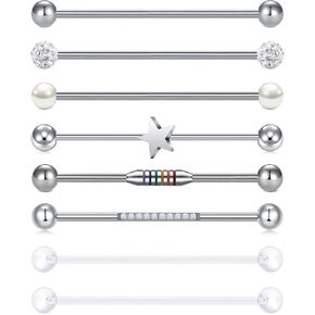 FECTAS 14G Industrial Piercing Jewelry Surgical Steel Cartilage Earrings Industrial Barbell 38mm Bar Length Black & Silver 8pcs