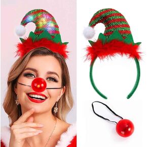 DRESBE تضيء عيد الميلاد مجموعة عصابات رأس LED الجان Headbands عيد الميلاد الرنة الأنف قزم قبعة إكسسوارات الشعر للنساء (2 قطعة)